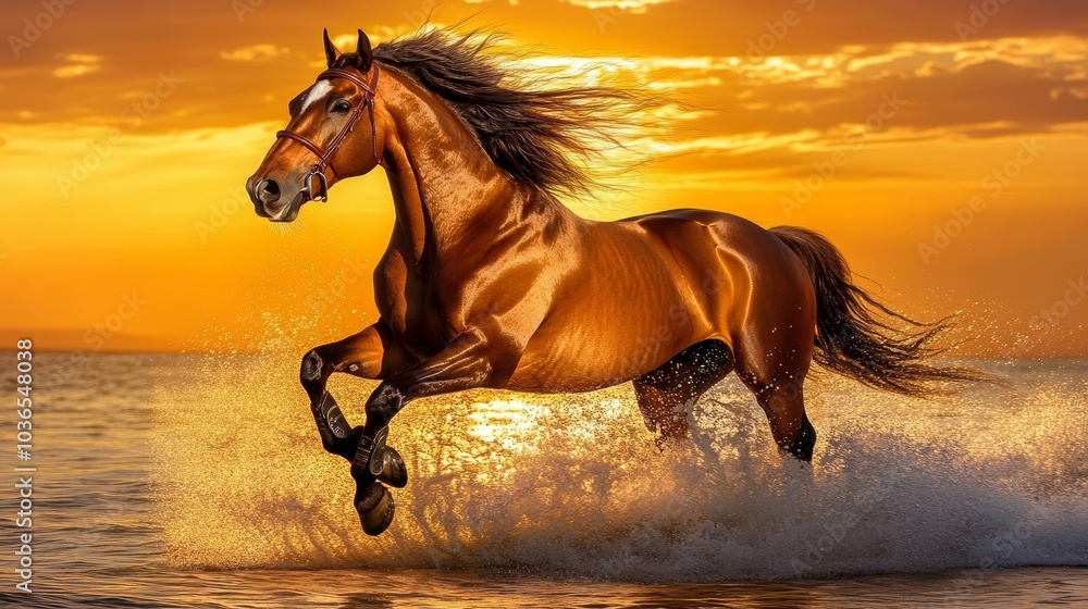 A majestic horse galloping through shallow water at sunset, creating a stunning visual effect. A majestic horse galloping through shallow water at sunset, creating a stunning visual effect.