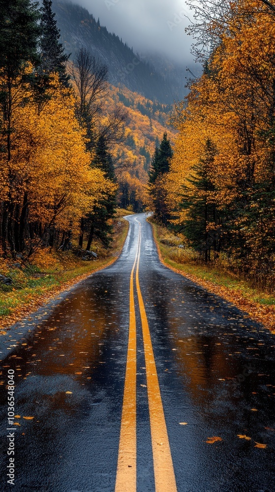 Fototapeta premium Autumn Road Through Forest, Misty Mountain Landscape Photo