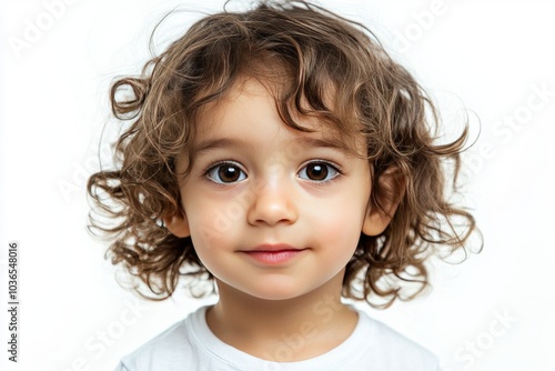 Portrait of a Young Child with Curly Hair and Bright Eyes Against a White Background, Capturing Innocence and Joy in a Studio Setting