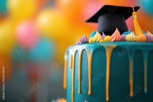 Closeup of a graduation cake decorated with cap and diploma designs, vibrant colors and playful details, festive and celebratory, perfect for graduation parties or events photo