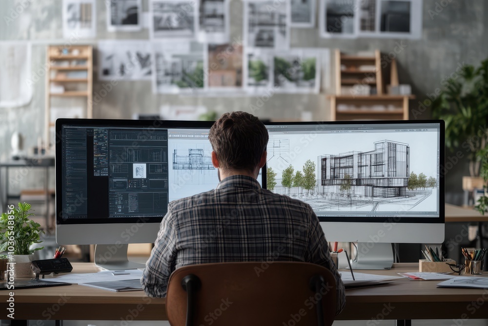 Architect works on modern building design at desk in studio Architect works on modern building design at desk in studio