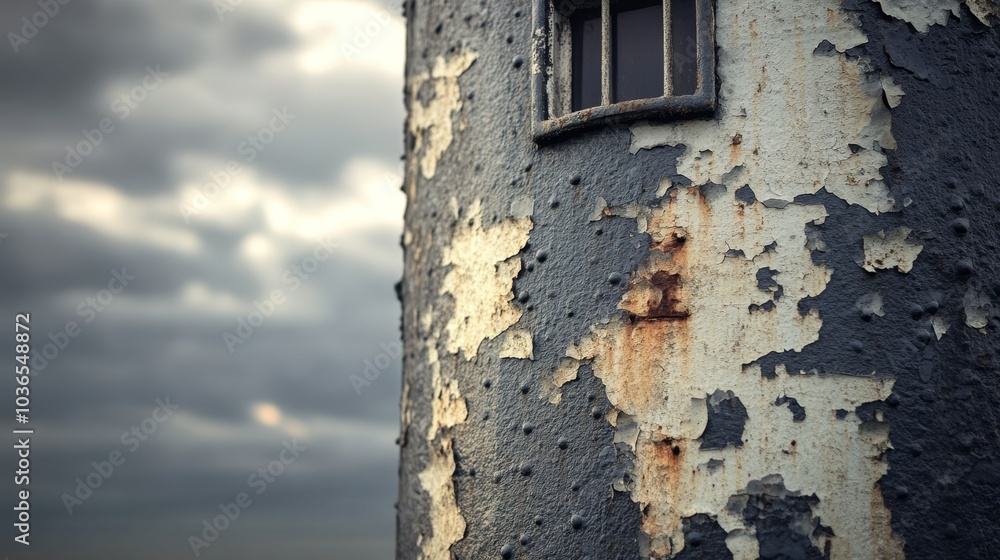A close-up of a weathered lighthouse wall, showcasing peeling paint and a small window. A close-up of a weathered lighthouse wall, showcasing peeling paint and a small window.