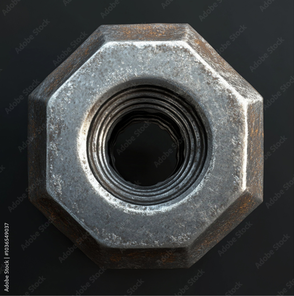 a top-down view of a wheel nut, lighting, metallic texture a top-down view of a wheel nut, lighting, metallic texture