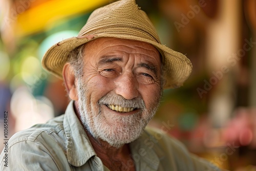 Portrait of a Smiling Elderly Man in a Straw Hat with a Colorful Background in a Sunny Outdoor Setting..