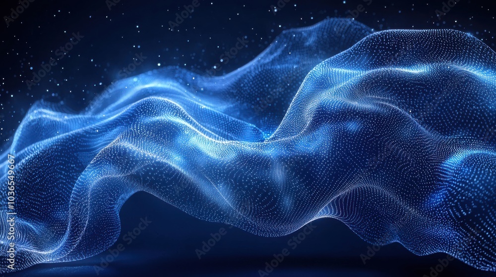 Dynamic blue waves of light flow gracefully in a dark space, creating an ethereal atmosphere and mesmerizing patterns Dynamic blue waves of light flow gracefully in a dark space, creating an ethereal atmosphere and mesmerizing patterns