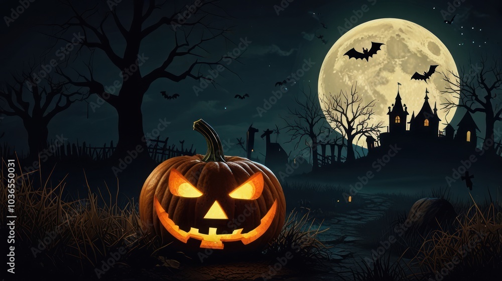A carved pumpkin with a spooky grin sits in the foreground of a spooky Halloween scene with a full moon, bats, and a haunted castle in the background. A carved pumpkin with a spooky grin sits in the foreground of a spooky Halloween scene with a full moon, bats, and a haunted castle in the background.