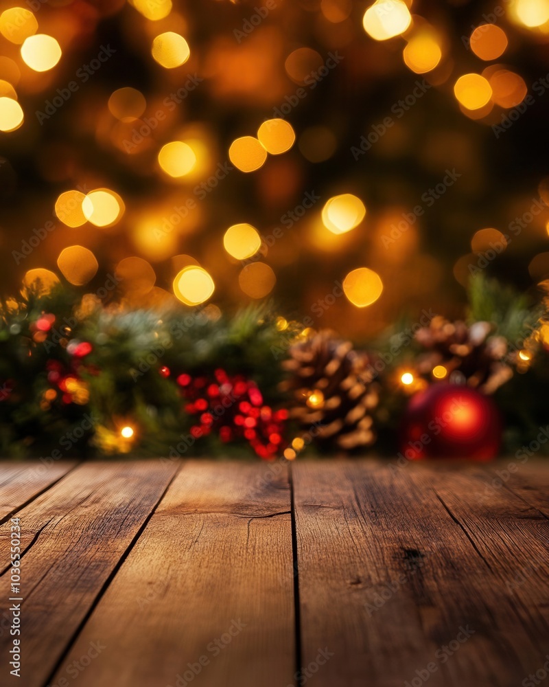 Rustic wooden surface with a softly blurred Christmas theme in the background, featuring warm lights and festive decorations, shallow depth of field, cozy holiday ambiance Rustic wooden surface with a softly blurred Christmas theme in the background, featuring warm lights and festive decorations, shallow depth of field, cozy holiday ambiance