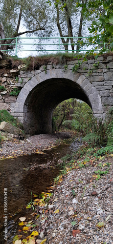 Pedestrian bridge over a tributary of the Bobr River, Jelenia Gora, Poland. Autumn landscape