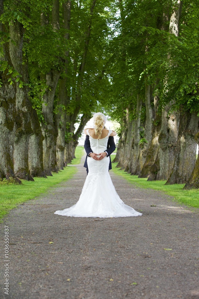 Romantic wedding photo of a couple embracing on a tree-lined path Romantic wedding photo of a couple embracing on a tree-lined path