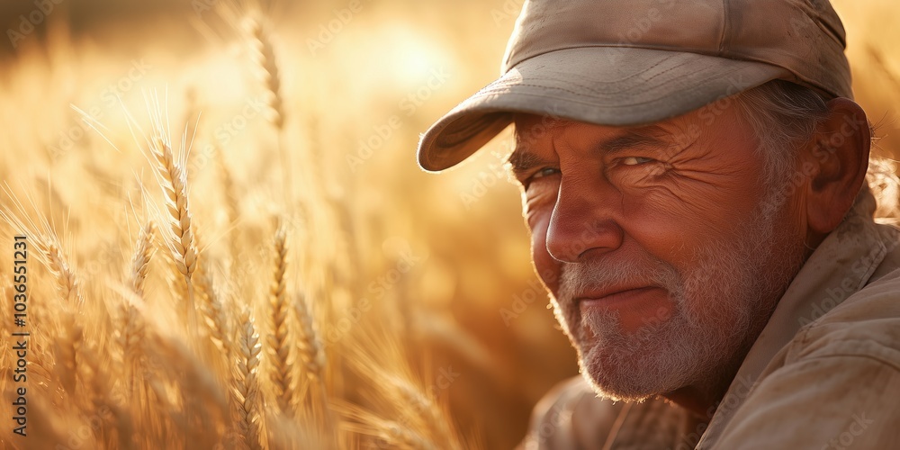 Resilient Farmer in Golden Wheat Fields | Sunlit Farm Life | Weather-beaten Face & Sun-tanned Skin | Passionate Farming Amidst Nature's Beauty | Joyful Work in Agriculture | Harvesting | Rural Landsca Resilient Farmer in Golden Wheat Fields | Sunlit Farm Life | Weather-beaten Face & Sun-tanned Skin | Passionate Farming Amidst Nature's Beauty | Joyful Work in Agriculture | Harvesting | Rural Landsca