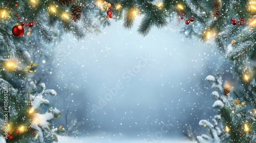 Christmas background. Xmas tree with snow decorated with garland lights, holiday festive background. Widescreen frame backdrop. New year Winter art design, Christmas scene wide screen holiday border photo