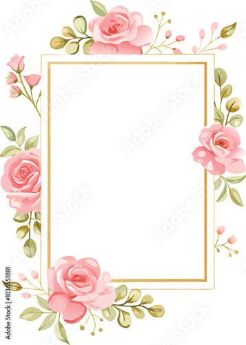 Pink Roses Floral Frame Gold Border Design