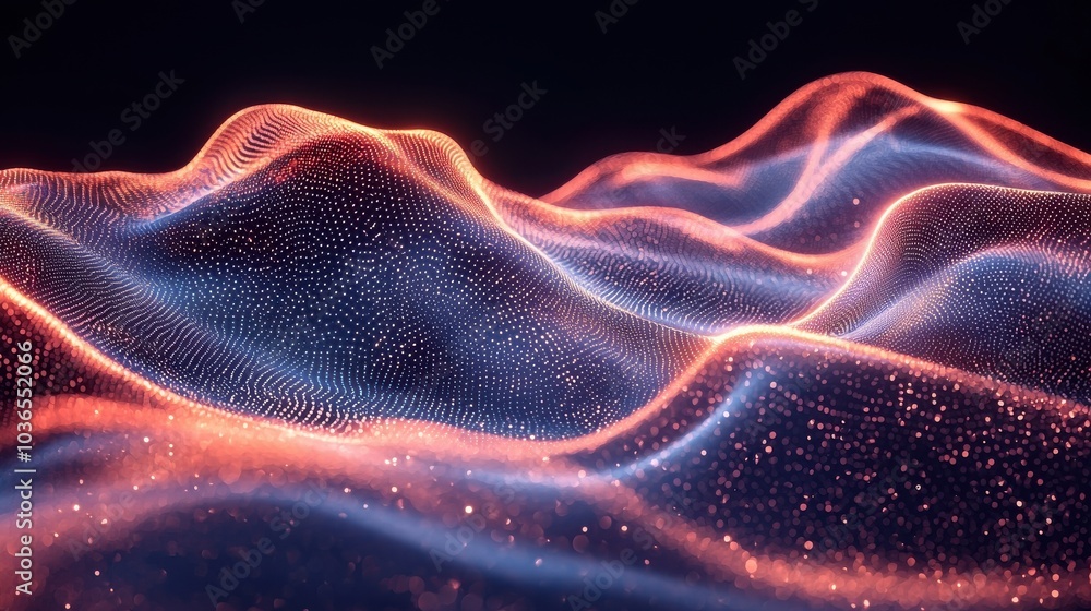 Abstract representation of flowing waves created with light particles in dark atmosphere with vibrant colors Abstract representation of flowing waves created with light particles in dark atmosphere with vibrant colors