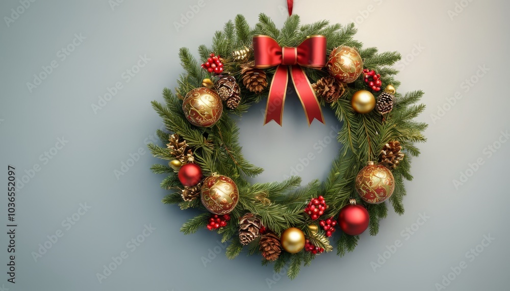 Elegant Christmas wreath adorned with pinecones, red berries, and gold ornaments, featuring '2025' in bold golden letters Elegant Christmas wreath adorned with pinecones, red berries, and gold ornaments, featuring '2025' in bold golden letters