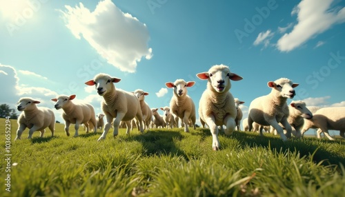 Lively Herd of Sheep Grazing on Lush Green Hill Under Blue Sky with Fluffy Clouds – Serene Farm Life Scene Perfect for Nature and Agricultural Themes photo