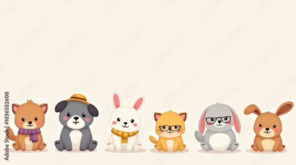 A set of adorable animals such as puppies, kittens, and rabbits in a playful and light-hearted style, creating a whimsical and cheerful atmosphere. A set of adorable animals such as puppies, kittens, and rabbits in a playful and light-hearted style, creating a whimsical and cheerful atmosphere.