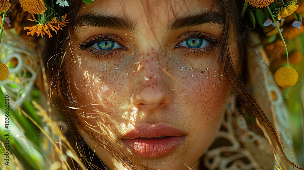 Close-Up Portrait of a Woman with Blue Eyes and Freckles Close-Up Portrait of a Woman with Blue Eyes and Freckles