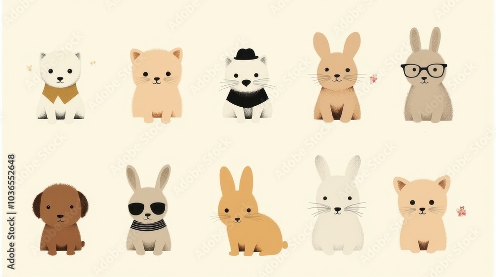 A set of adorable animals such as puppies, kittens, and rabbits in a playful and light-hearted style, creating a whimsical and cheerful atmosphere. A set of adorable animals such as puppies, kittens, and rabbits in a playful and light-hearted style, creating a whimsical and cheerful atmosphere.