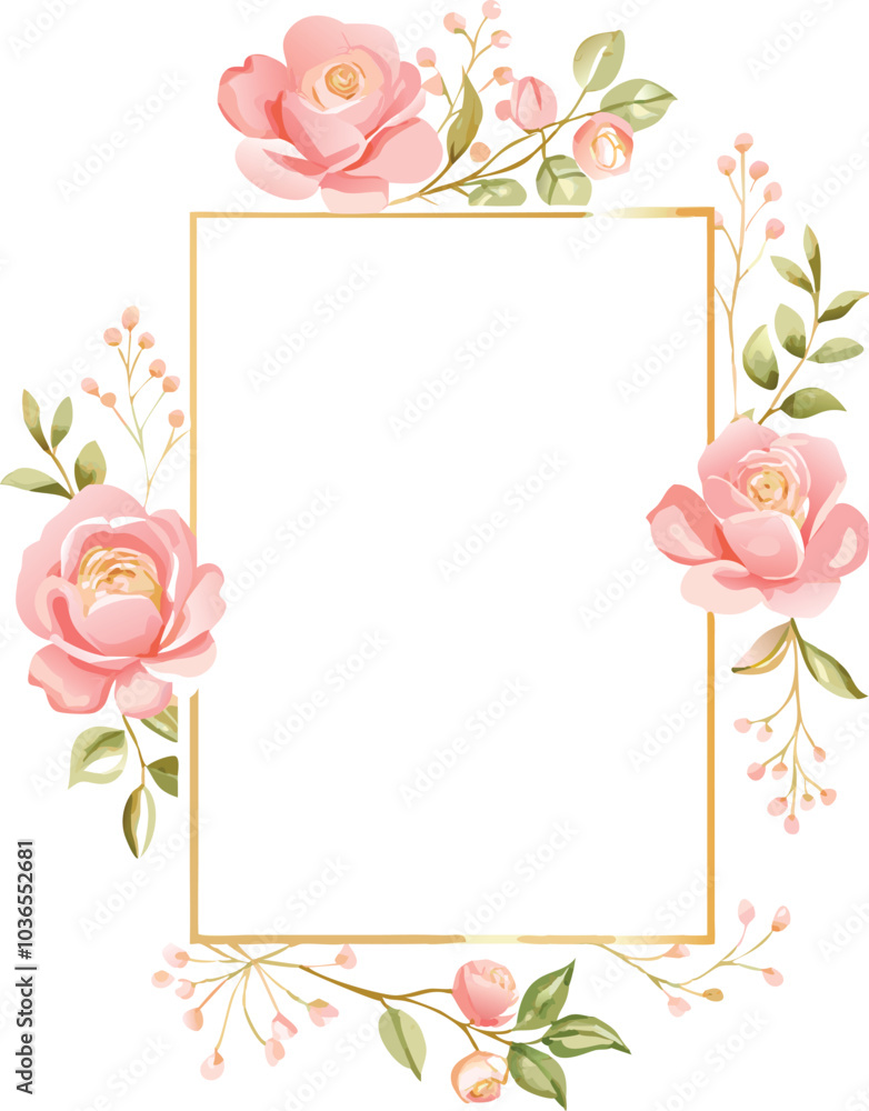 Floral Frame Design with Pink Roses and Gold Floral Frame Design with Pink Roses and Gold