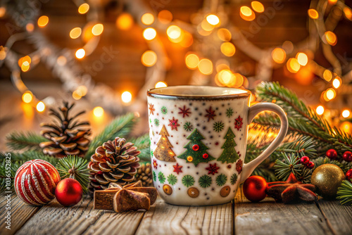 Christmas mug with festive decoration on wooden table with lights and holiday ornaments