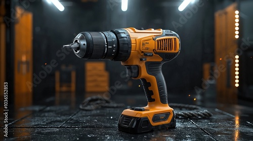 A powerful cordless drill illuminated in a modern workshop with industrial decor and tools scattered on the floor