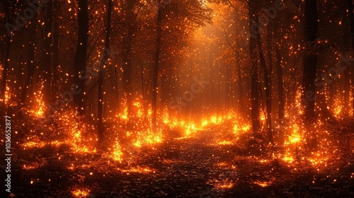 Wildfire engulfing a dense forest during twilight, flames illuminating the dark surroundings with an orange glow photo