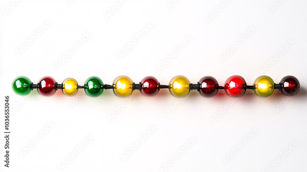 String of Colorful Glass Globe Lights on White Background String of Colorful Glass Globe Lights on White Background