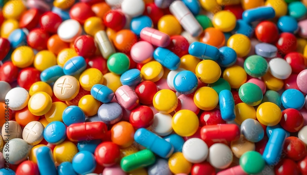 The image features a pile of multicolored pills, which may resemble candy or confectionery but can also denote pharmaceutical drugs. The assortment highlights various colors and shapes, often associat The image features a pile of multicolored pills, which may resemble candy or confectionery but can also denote pharmaceutical drugs. The assortment highlights various colors and shapes, often associat