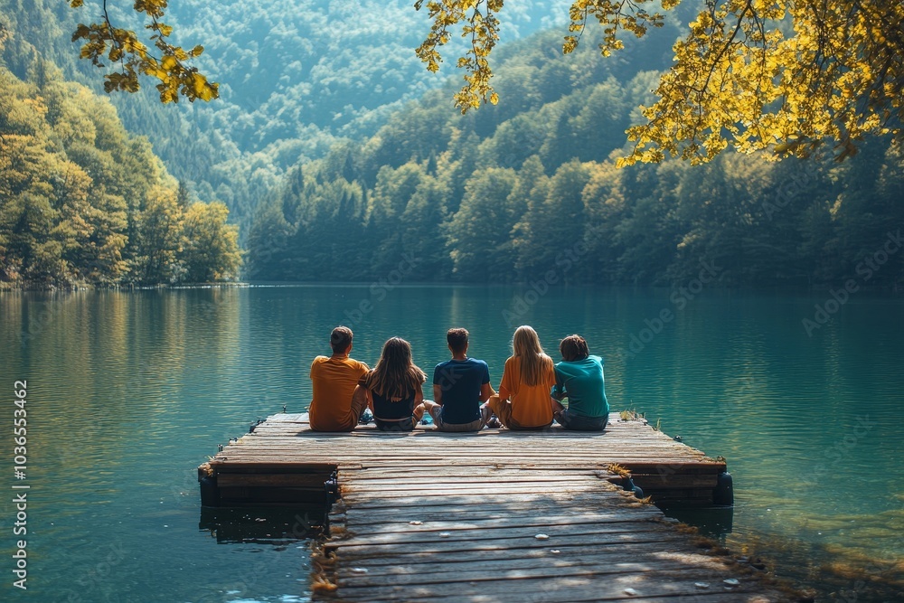 Group of friends sitting on jetty at lake, Generative AI