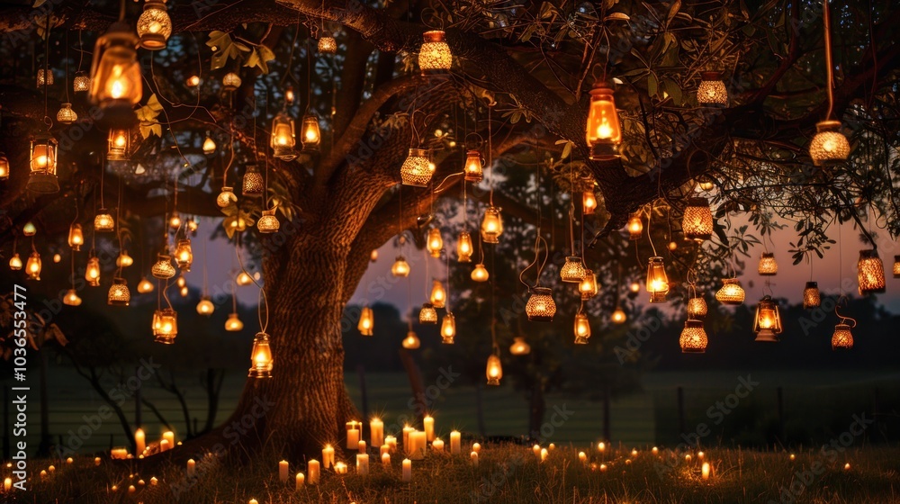 Enchanted Tree Illuminated by Warm Lanterns Enchanted Tree Illuminated by Warm Lanterns