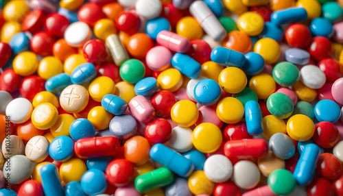 The image features a pile of multicolored pills, which may resemble candy or confectionery but can also denote pharmaceutical drugs. The assortment highlights various colors and shapes, often associat