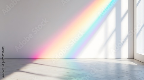 Crystal prism creating a burst of colorful rainbow light on a smooth white wall