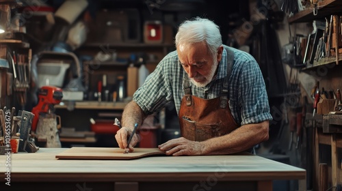 elderly man working with table on hardware store photo