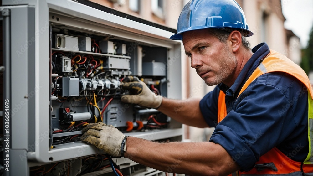 Men 50 year old electrician working in a factory