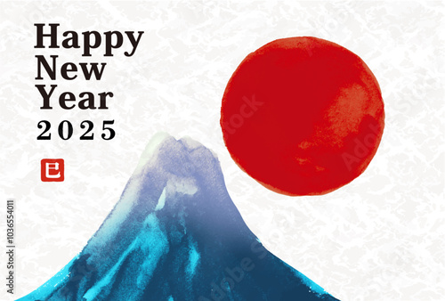 年賀状 デザイン　2025年 巳年 年賀状用テンプレート　富士山と初日の出手書き和風筆イラスト入り