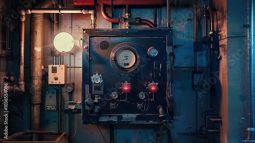 Industrial Control Panel with Gauges and Wires