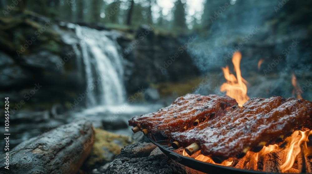 Obraz premium Grilled Ribs with Waterfall Background.