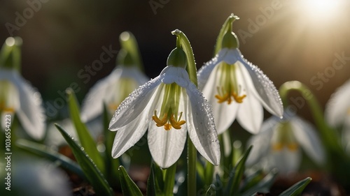 A solitary snowdrop blooms valiantly, bathed in golden sunlight.