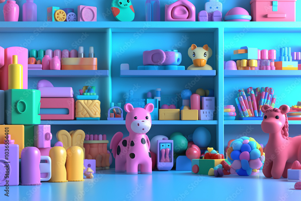 Colorful shelves filled with playful toys and cute animals Colorful shelves filled with playful toys and cute animals
