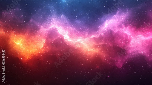 A vibrant cosmic nebula glows in shades of pink, purple, and orange against a star-filled universe backdrop