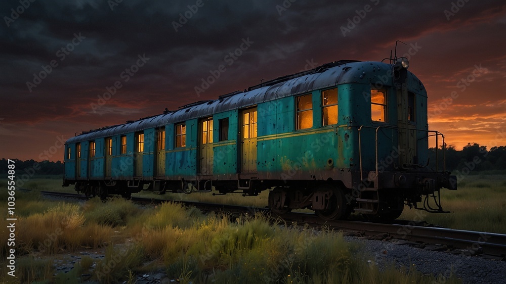 Eerie solitude shrouds a forgotten railcar, its spectral form bathed in moonlight. Eerie solitude shrouds a forgotten railcar, its spectral form bathed in moonlight.