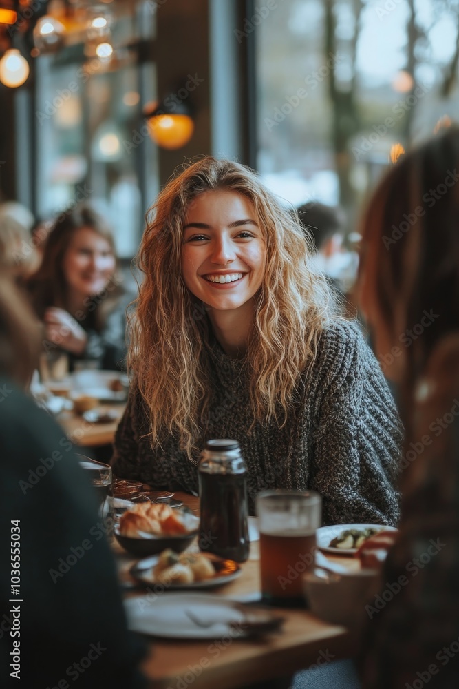 Smiling women friends meeting in a coffee shop, Generative AI Smiling women friends meeting in a coffee shop, Generative AI