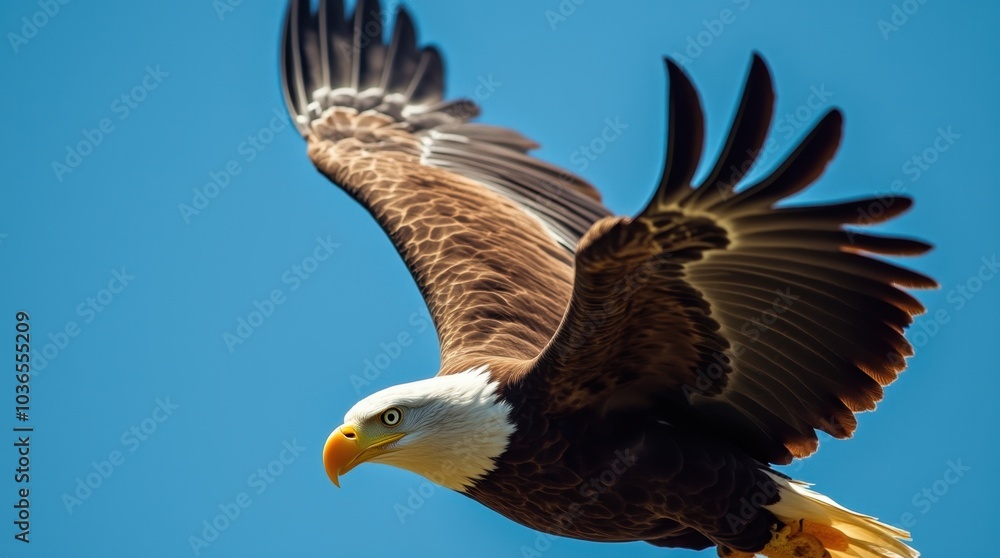 Fototapeta premium A close-up shot of a bald eagle soaring through a clear blue sky, wings fully spread, focusing on the sharp details of its feathers.