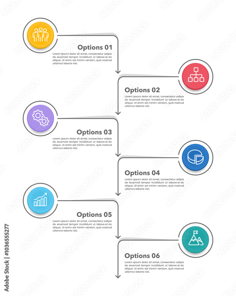 Vertical infographic 6 options to success. Business presentation, Banner, Poster, Plan, Strategy and Marketing. Vector illustration.