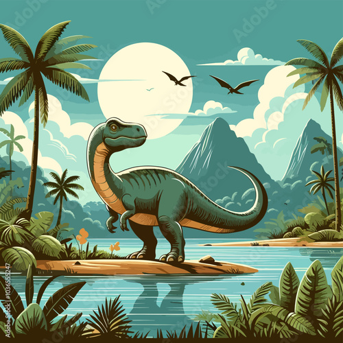 A large dinosaur is standing in front of a body of water in a lush jungle