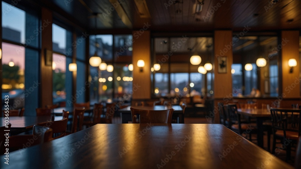 Minimalist desk with obscured backdrop of bustling eatery. Minimalist desk with obscured backdrop of bustling eatery.