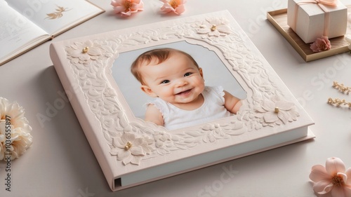 Elegant Baby Photo Album with Textured Floral Cover Beside Gift and Flowers on Light Surface