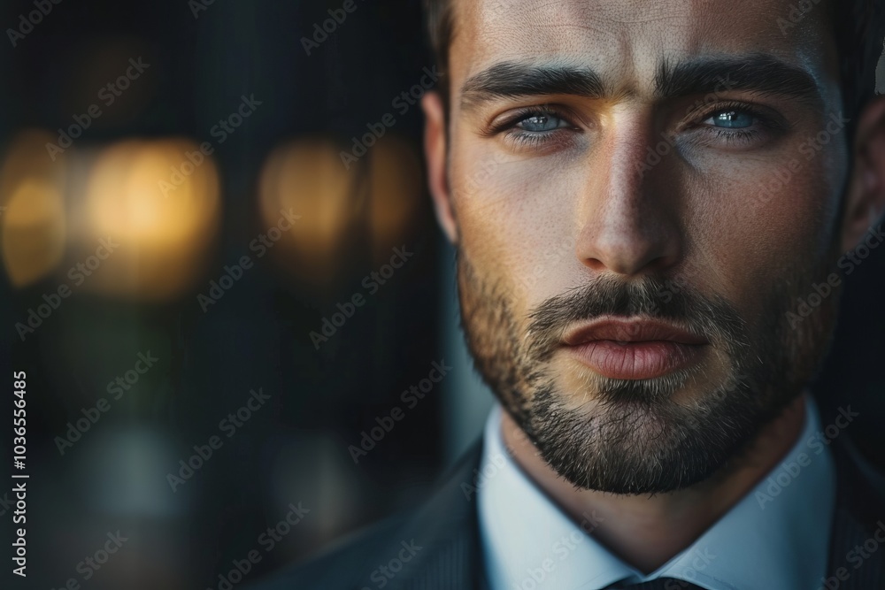 Obraz premium A close-up of a businessman's confident demeanor, reflecting success.