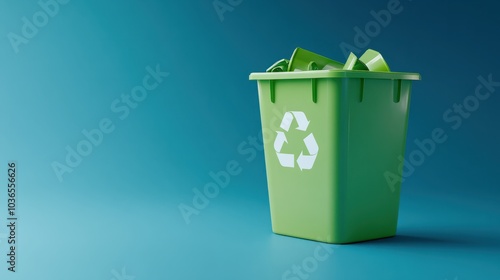 Isolated on a blue background, an eco-friendly recycling container made of green plastic with text space, Generative AI.