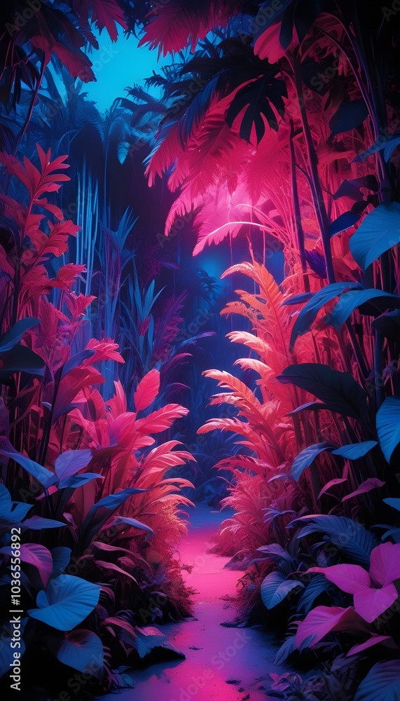 Neon jungle with abstract flora and fauna in vivid dreamlike colors Neon jungle with abstract flora and fauna in vivid dreamlike colors